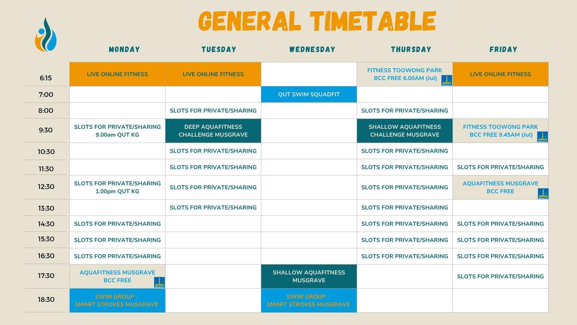 Weekly timetable for swimming, aquaerobics and fitness